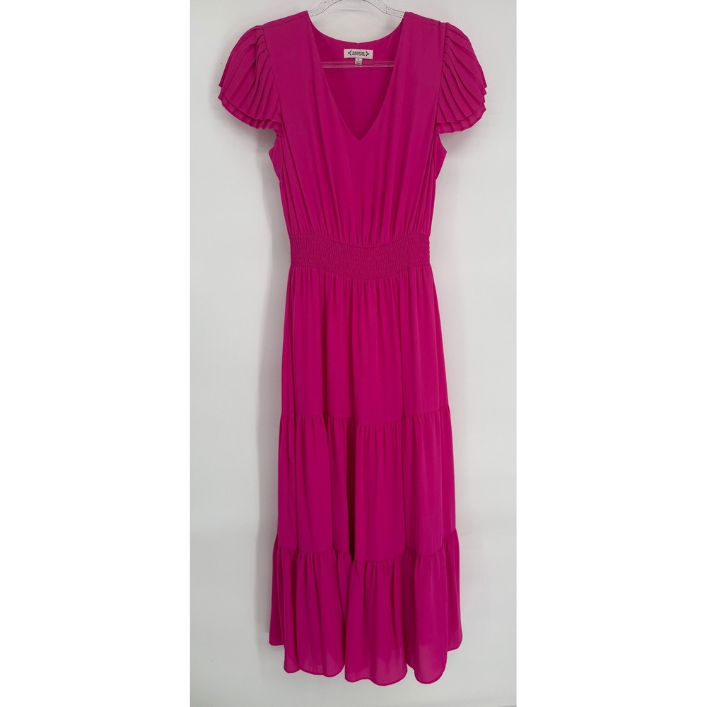 Nanette Lepore Fuchsia Pink Pleated Flutter Sleeve Smocked Tiered Dress Sz 6‎